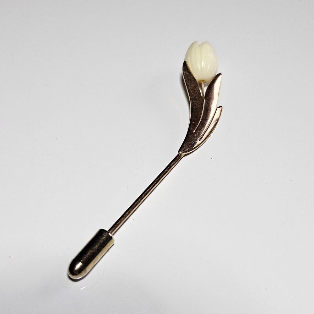 Vintage Avon Graceful Tulip Stick Pin Gold Tone Cream Carved Style Flower
